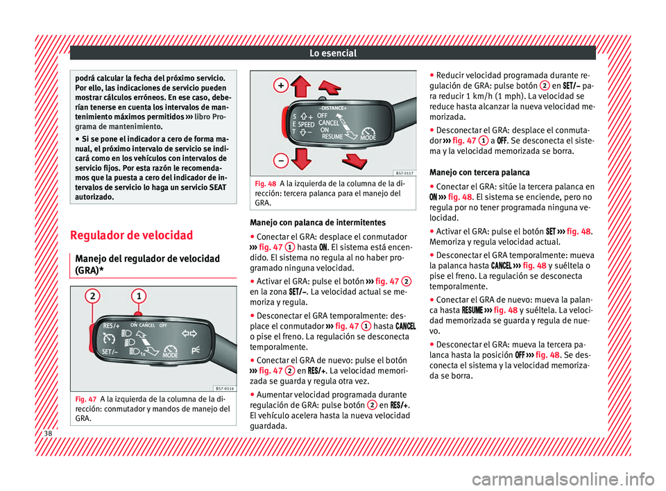 Seat Ateca 2017  Manual del propietario (in Spanish) Lo esencial
podrá calcular la fecha del próximo servicio.
P
or el
lo, las indicaciones de servicio pueden
mostrar cálculos erróneos. En ese caso, debe-
rían tenerse en cuenta los intervalos de ma