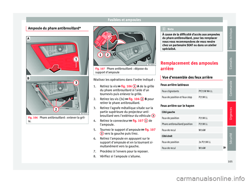 Seat Ateca 2017 Manuel du propriétaire (in French) Fusibles et ampoules
Ampoule du phare antibrouillard* Fig. 106
Phare antibrouillard : enlever la gril-
l e. Fig. 107
Phare antibrouillard : dépose du
s up
port d'ampoule Réalisez les opératio Seat Ateca 2017 Manuel du propriétaire (in French) Fusibles et ampoules
Ampoule du phare antibrouillard* Fig. 106
Phare antibrouillard : enlever la gril-
l e. Fig. 107
Phare antibrouillard : dépose du
s up
port d'ampoule Réalisez les opératio