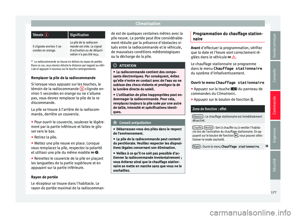 Seat Ateca 2017 Manuel du propriétaire (in French) ClimatisationTémoin
1Signification
Il clignote environ 5 se-
condes en orange.La pile de la radiocom-
mande est vide. Le signal
d'activation ou de désacti-
vation n'a pas été reçu.
a)
La Seat Ateca 2017 Manuel du propriétaire (in French) ClimatisationTémoin
1Signification
Il clignote environ 5 se-
condes en orange.La pile de la radiocom-
mande est vide. Le signal
d'activation ou de désacti-
vation n'a pas été reçu.
a)
La