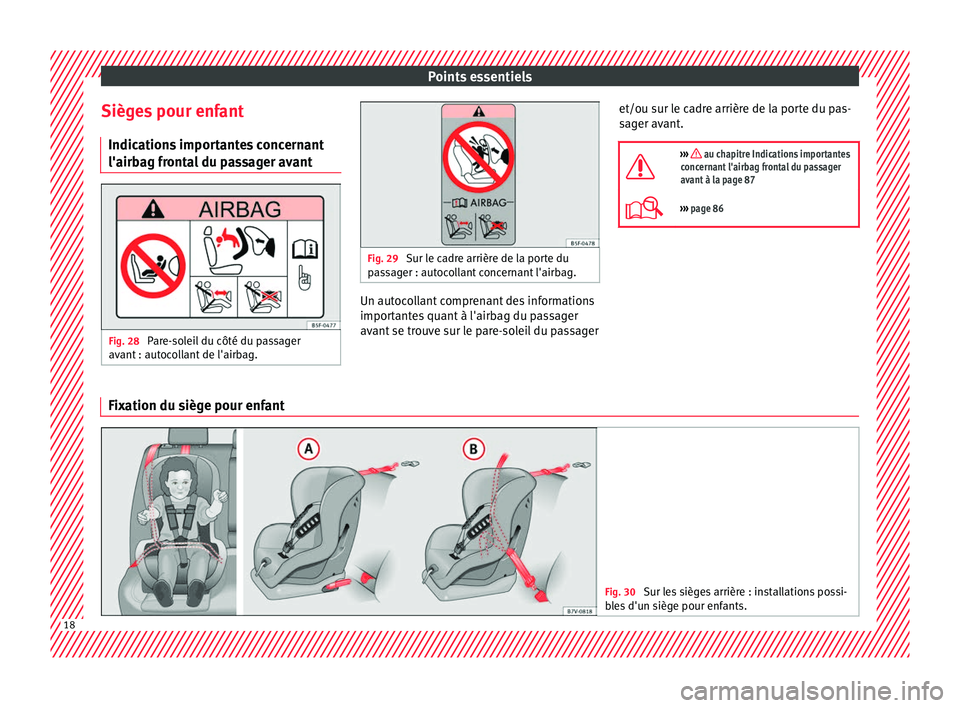 Seat Ateca 2017 Manuel du propriétaire (in French) Points essentiels
Sièges pour enfant Indic ation
s importantes concernant
l'airbag frontal du passager avant Fig. 28
Pare-soleil du côté du passager
av ant : aut
ocollant de l'airbag. Fig Seat Ateca 2017 Manuel du propriétaire (in French) Points essentiels
Sièges pour enfant Indic ation
s importantes concernant
l'airbag frontal du passager avant Fig. 28
Pare-soleil du côté du passager
av ant : aut
ocollant de l'airbag. Fig