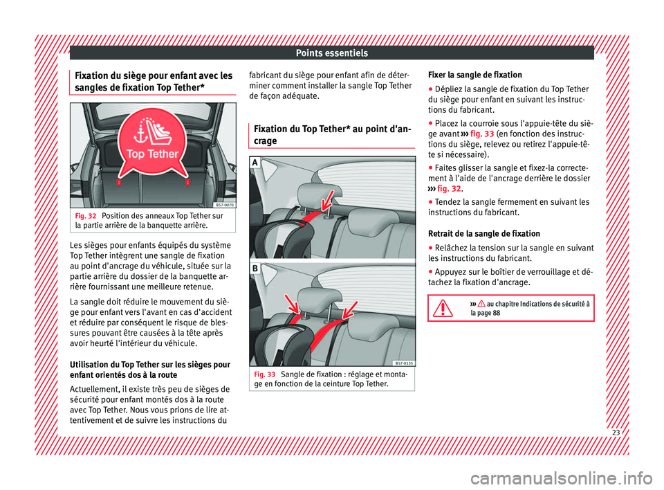 Seat Ateca 2017 Manuel du propriétaire (in French) Points essentiels
Fixation du siège pour enfant avec les
s an
gles de fixation Top Tether* Fig. 32
Position des anneaux Top Tether sur
l a p
artie arrière de la banquette arrière. Les sièges pou Seat Ateca 2017 Manuel du propriétaire (in French) Points essentiels
Fixation du siège pour enfant avec les
s an
gles de fixation Top Tether* Fig. 32
Position des anneaux Top Tether sur
l a p
artie arrière de la banquette arrière. Les sièges pou