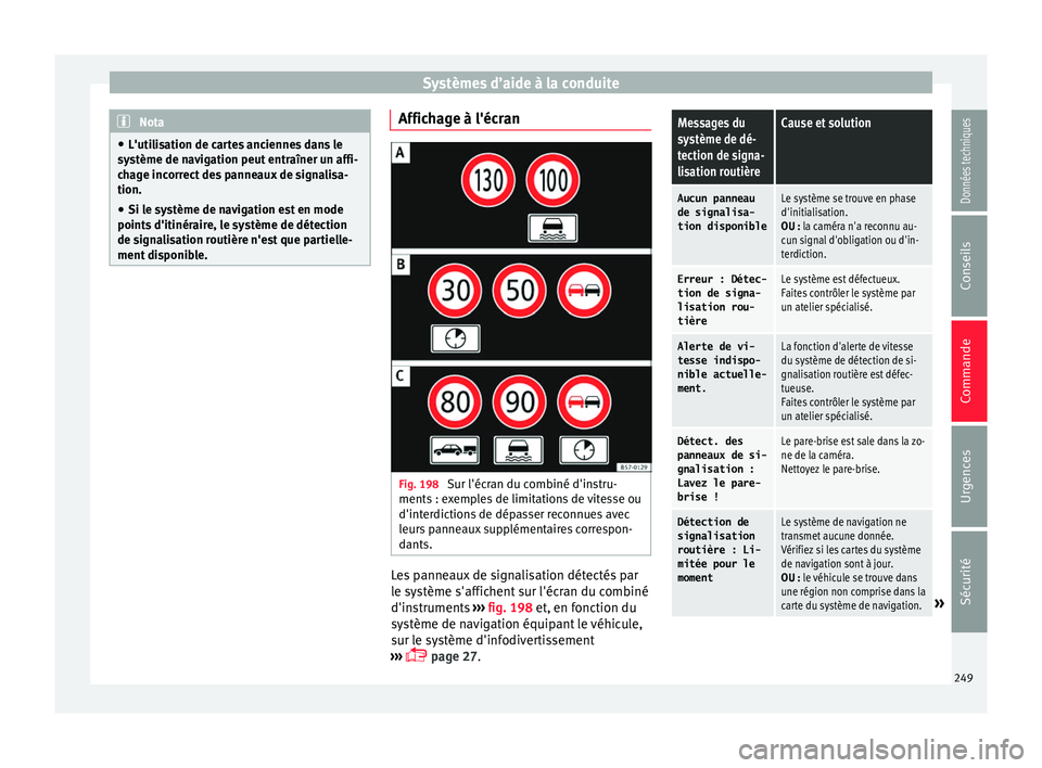 Seat Ateca 2017  Manuel du propriétaire (in French)  Systèmes d’aide à la conduite
Nota
● L'uti li
sation de cartes anciennes dans le
système de navigation peut entraîner un affi-
chage incorrect des panneaux de signalisa-
tion.
● Si le sy