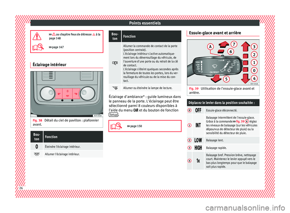 Seat Ateca 2017 Manuel du propriétaire (in French) Points essentiels
››› au chapitre Feux de détresse à la
page 148
››› page 147 Éclairage intérieur
Fig. 38
Détail du ciel de pavillon : plafonnier
av ant
.
Bou-
tonFoncti Seat Ateca 2017 Manuel du propriétaire (in French) Points essentiels
››› au chapitre Feux de détresse à la
page 148
››› page 147 Éclairage intérieur
Fig. 38
Détail du ciel de pavillon : plafonnier
av ant
.
Bou-
tonFoncti