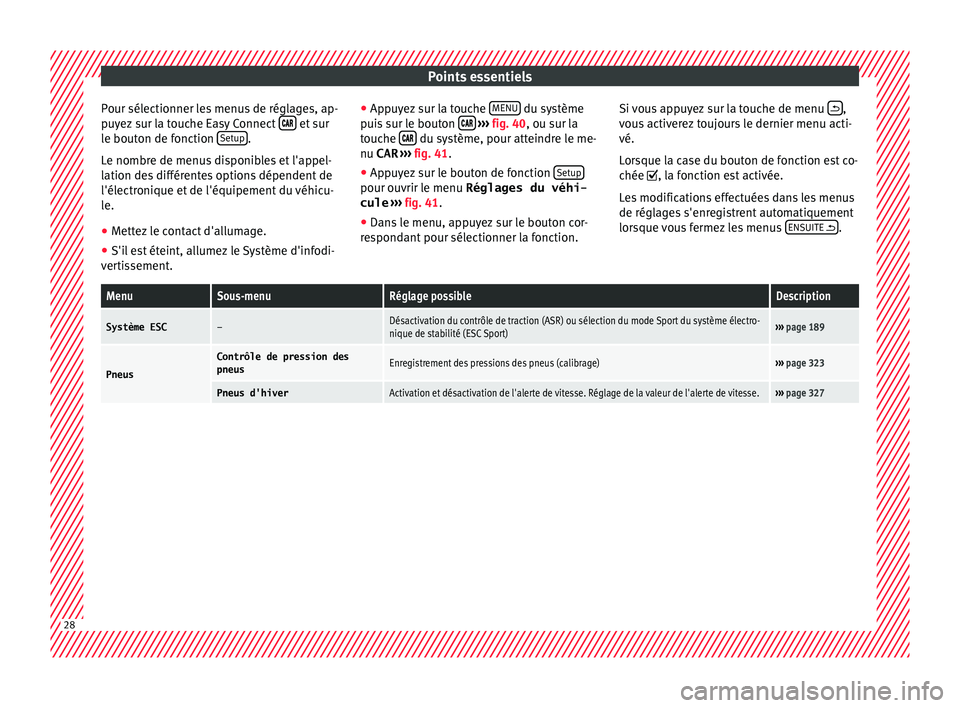 Seat Ateca 2017 Manuel du propriétaire (in French) Points essentiels
Pour sélectionner les menus de réglages, ap-
p u
yez sur la touche Easy Connect et sur
l e bout
on de fonction Setup .
L e nombr
e de menus disponibles et l'appel- Seat Ateca 2017 Manuel du propriétaire (in French) Points essentiels
Pour sélectionner les menus de réglages, ap-
p u
yez sur la touche Easy Connect et sur
l e bout
on de fonction Setup .
L e nombr
e de menus disponibles et l'appel-