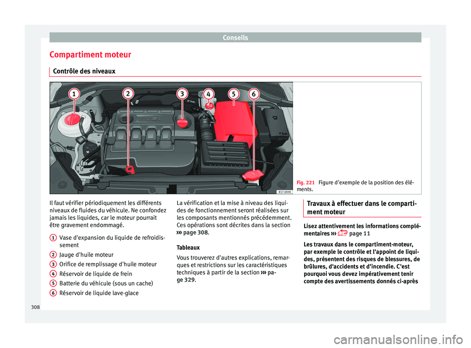Seat Ateca 2017 Manuel du propriétaire (in French) Conseils
Compartiment moteur C ontrôl
e des niveaux Fig. 221
Figure d'exemple de la position des élé-
ments. Il faut vérifier périodiquement les différents
niv
e
aux de fluides du véhicul Seat Ateca 2017 Manuel du propriétaire (in French) Conseils
Compartiment moteur C ontrôl
e des niveaux Fig. 221
Figure d'exemple de la position des élé-
ments. Il faut vérifier périodiquement les différents
niv
e
aux de fluides du véhicul