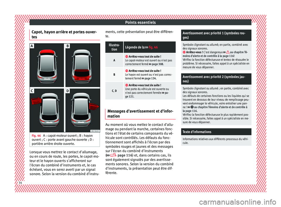 Seat Ateca 2017 Manuel du propriétaire (in French) Points essentiels
Capot, hayon arrière et portes ouver-
t e
s Fig. 46
A : capot-moteur ouvert ; B : hayon
ou v
ert ; C : porte avant gauche ouverte ; D :
portière arrière droite ouverte. Lorsque Seat Ateca 2017 Manuel du propriétaire (in French) Points essentiels
Capot, hayon arrière et portes ouver-
t e
s Fig. 46
A : capot-moteur ouvert ; B : hayon
ou v
ert ; C : porte avant gauche ouverte ; D :
portière arrière droite ouverte. Lorsque