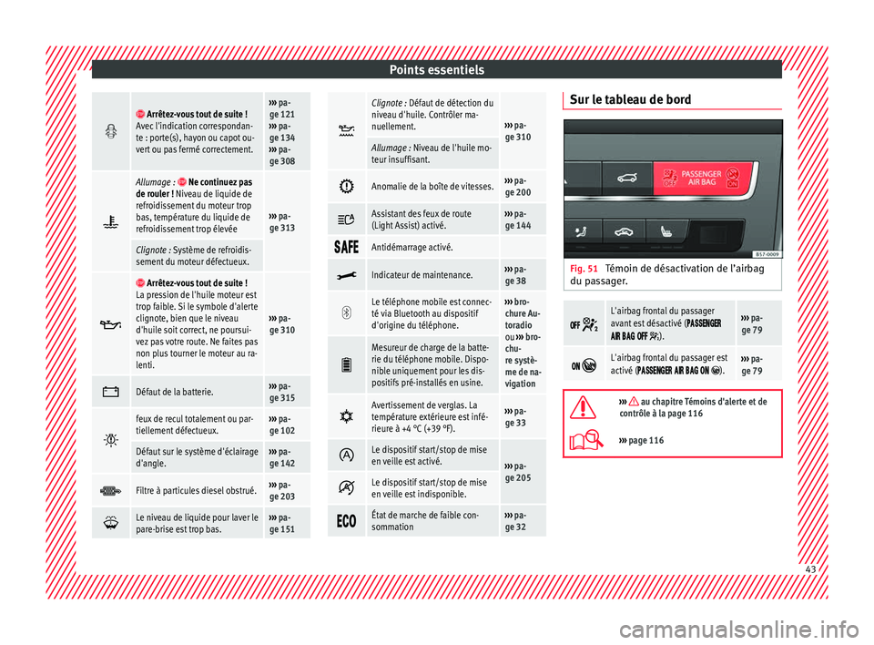 Seat Ateca 2017 Manuel du propriétaire (in French) Points essentiels
Arrêtez-vous tout de suite !
Avec l'indication correspondan-
te : porte(s), hayon ou capot ou-
vert ou pas fermé correctement.››› pa-
ge 121
››› pa-
ge 13 Seat Ateca 2017 Manuel du propriétaire (in French) Points essentiels
Arrêtez-vous tout de suite !
Avec l'indication correspondan-
te : porte(s), hayon ou capot ou-
vert ou pas fermé correctement.››› pa-
ge 121
››› pa-
ge 13