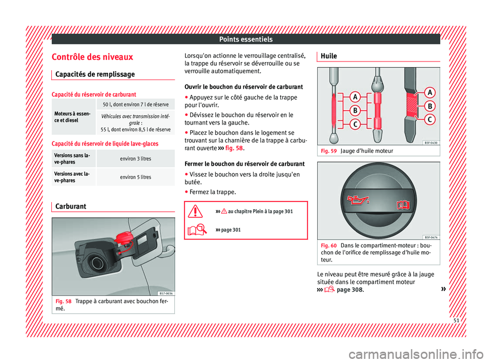 Seat Ateca 2017 Manuel du propriétaire (in French) Points essentiels
Contrôle des niveaux C ap
acités de remplissage
Capacité du réservoir de carburant
Moteurs à essen-
ce et diesel
50 l, dont environ 7 l de réserve
Véhicules avec transmission Seat Ateca 2017 Manuel du propriétaire (in French) Points essentiels
Contrôle des niveaux C ap
acités de remplissage
Capacité du réservoir de carburant
Moteurs à essen-
ce et diesel
50 l, dont environ 7 l de réserve
Véhicules avec transmission