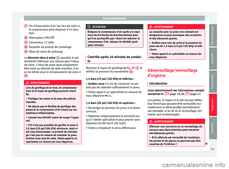 Seat Ateca 2017 Manuel du propriétaire (in French) Auto-assistance
Vis d'évacuation d'air (au lieu de celui-ci,
l e c
ompresseur peut disposer d'un bou-
ton).
Interrupteur ON/OFF
Connecteur 12 volts
Bouteille de produit de colmatage
Obus Seat Ateca 2017 Manuel du propriétaire (in French) Auto-assistance
Vis d'évacuation d'air (au lieu de celui-ci,
l e c
ompresseur peut disposer d'un bou-
ton).
Interrupteur ON/OFF
Connecteur 12 volts
Bouteille de produit de colmatage
Obus