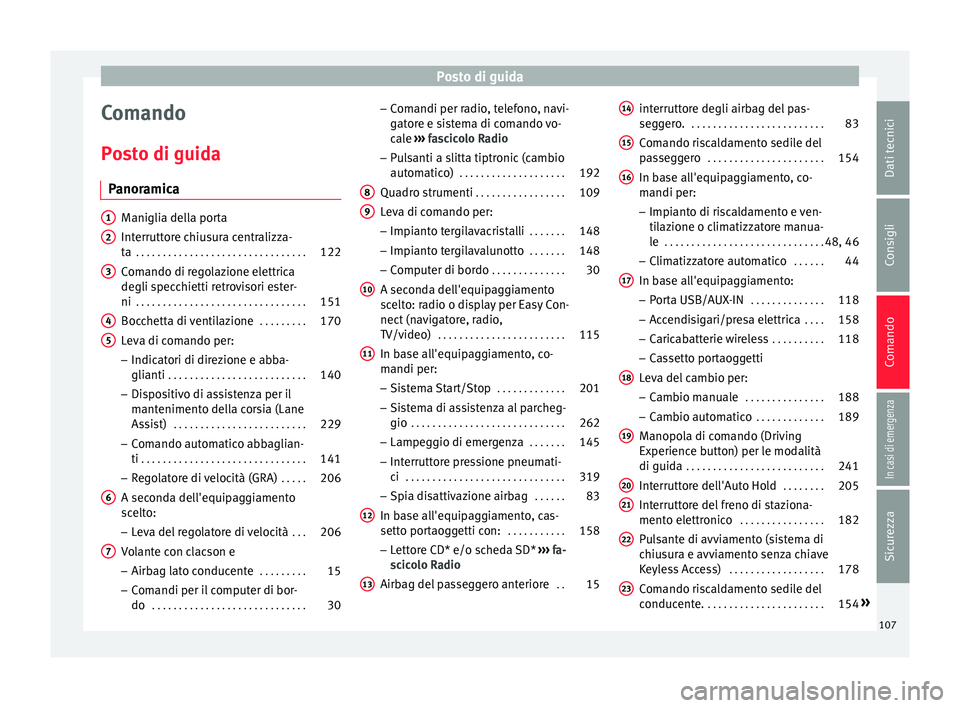 Seat Ateca 2017  Manuale del proprietario (in Italian) Posto di guida
Comando
P o
sto di guida
Panoramica Maniglia della porta
Int
errutt

ore chiusura centralizza-
ta  . . . . . . . . . . . . . . . . . . . . . . . . . . . . . . . . 122
Comando di regolaz
