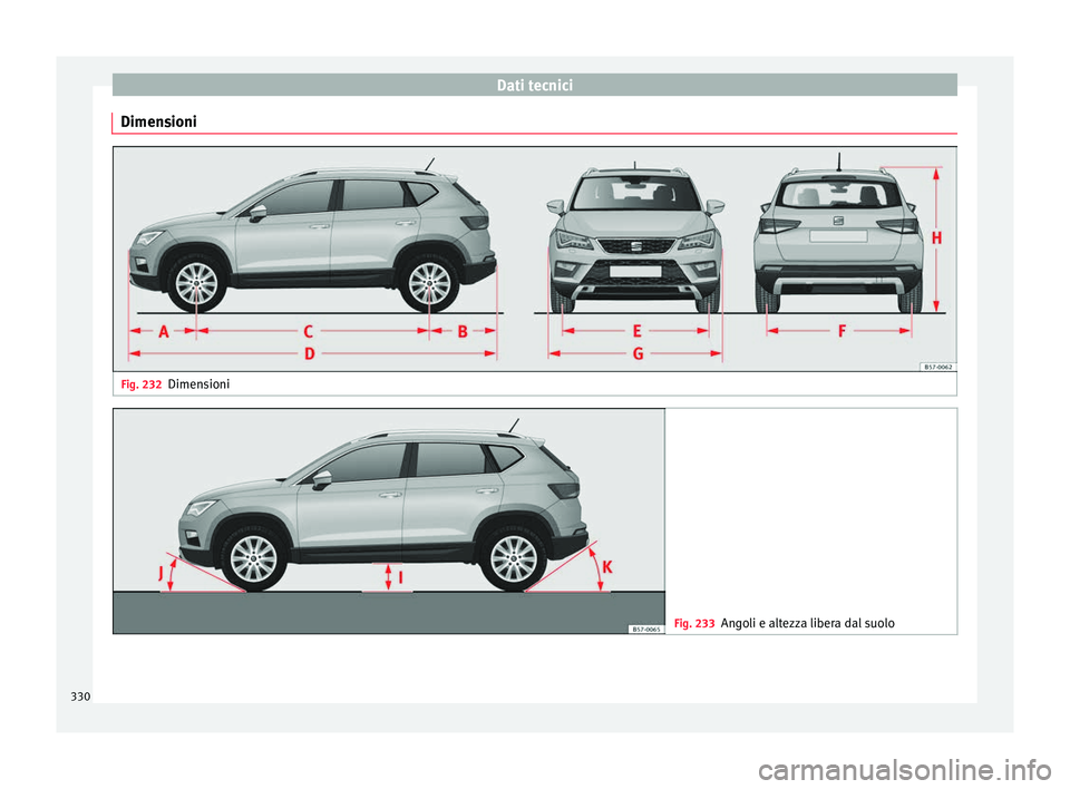 Seat Ateca 2017  Manuale del proprietario (in Italian) Dati tecnici
Dimensioni Fig. 232
Dimensioni Fig. 233
Angoli e altezza libera dal suolo330 