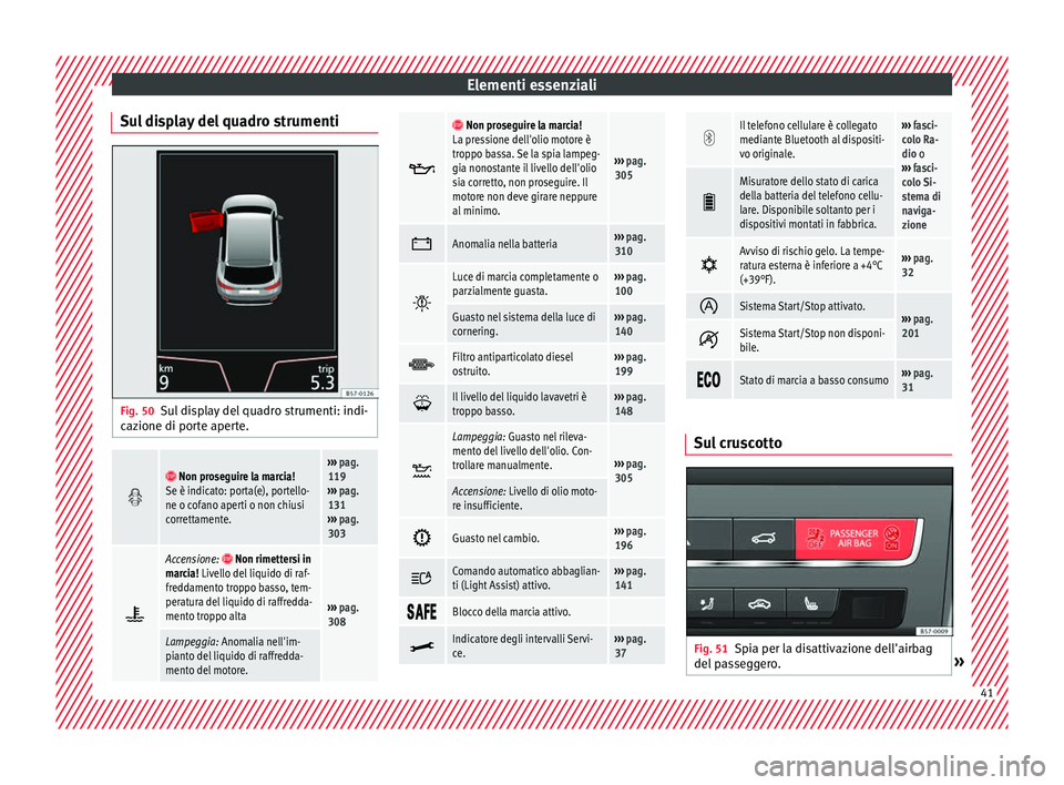 Seat Ateca 2017  Manuale del proprietario (in Italian) Elementi essenziali
Sul display del quadro strumenti Fig. 50
Sul display del quadro strumenti: indi-
c az
ione di porte aperte.  
 Non proseguire la marcia!
Se è indicato: porta(e), portello-
n