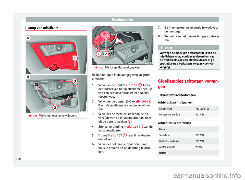 Seat Ateca 2017 Handleiding (in Dutch) Noodgevallen
Lamp van mistlicht* Afb. 106
Mistlamp: rooster verwijderen. Afb. 107
Mistlamp: fitting uitbouwen De handelingen in de aangegeven volgorde
uit
v
oer en:
V
erwijder de bout ››› afb. Seat Ateca 2017 Handleiding (in Dutch) Noodgevallen
Lamp van mistlicht* Afb. 106
Mistlamp: rooster verwijderen. Afb. 107
Mistlamp: fitting uitbouwen De handelingen in de aangegeven volgorde
uit
v
oer en:
V
erwijder de bout ››› afb.