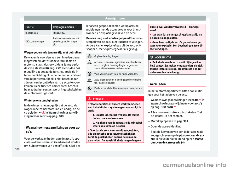 Seat Ateca 2017  Handleiding (in Dutch) AanwijzingenFunctieHerprogrammeren
Digitale klok››› 
pag. 109.
ESC-controlelampjeZodra enkele meters wordt
gereden, gaat het lampje
uit. Wagen gedurende langere tijd niet gebruiken
De wag
en i

