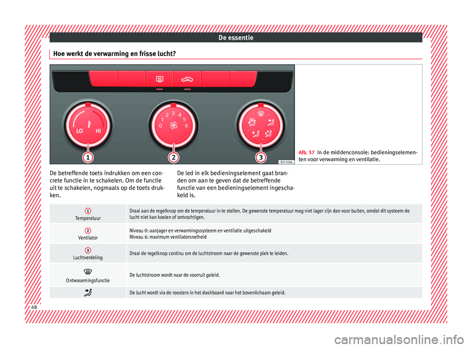 Seat Ateca 2017 Handleiding (in Dutch) De essentie
Hoe werkt de verwarming en frisse lucht? Afb. 57
In de middenconsole: bedieningselemen-
ten v oor
verwarming en ventilatie. De betreffende toets indrukken om een con-
c
r
et e f
unctie i Seat Ateca 2017 Handleiding (in Dutch) De essentie
Hoe werkt de verwarming en frisse lucht? Afb. 57
In de middenconsole: bedieningselemen-
ten v oor
verwarming en ventilatie. De betreffende toets indrukken om een con-
c
r
et e f
unctie i