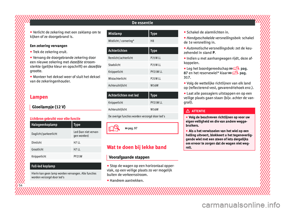 Seat Ateca 2017 Handleiding (in Dutch) De essentie
● Verlic
ht de
zekering met een zaklamp om te
kijken of ze doorgebrand is.
Een zekering vervangen
● Trek de zekering eruit.
● Vervang de doorgebrande zekering door
een nieuwe z
eke Seat Ateca 2017 Handleiding (in Dutch) De essentie
● Verlic
ht de
zekering met een zaklamp om te
kijken of ze doorgebrand is.
Een zekering vervangen
● Trek de zekering eruit.
● Vervang de doorgebrande zekering door
een nieuwe z
eke