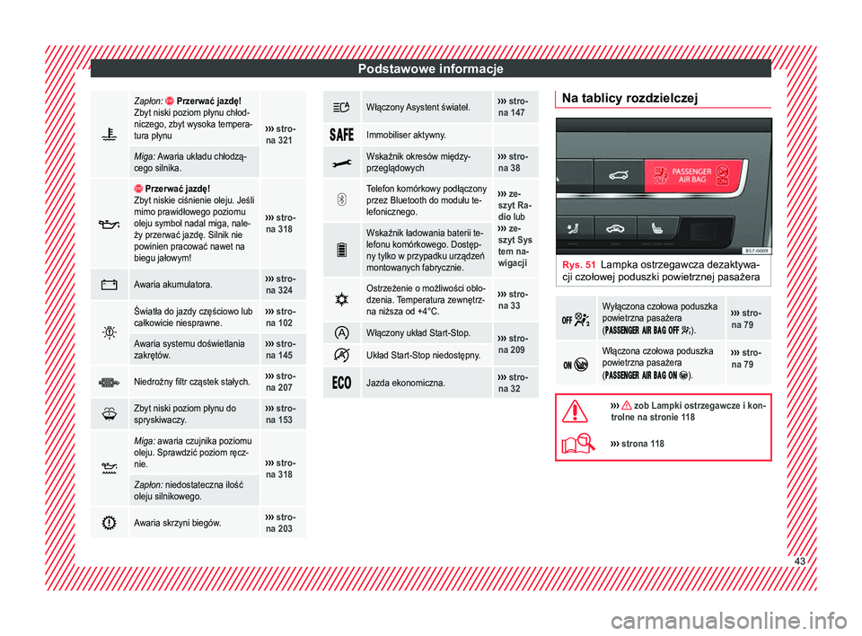 Seat Ateca 2017 Instrukcja Obsługi (in Polish) Podstawowe informacje
Zapłon: Przerwać jazdę!
Zbyt niski poziom płynu chłod-
niczego, zbyt wysoka tempera-
tura płynu
››› stro-
na 321
Miga: Awaria układu chłodzą-
cego silnika. Seat Ateca 2017 Instrukcja Obsługi (in Polish) Podstawowe informacje
Zapłon: Przerwać jazdę!
Zbyt niski poziom płynu chłod-
niczego, zbyt wysoka tempera-
tura płynu
››› stro-
na 321
Miga: Awaria układu chłodzą-
cego silnika.