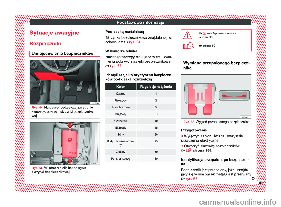 Seat Ateca 2017  Instrukcja Obsługi (in Polish) Podstawowe informacje
Sytuacje awaryjne Bezpieczniki Umiejscowienie bezpieczników Rys. 64
Na desce rozdzielczej po stronie
kierowcy: pokrywa skrzynki bezpieczniko-
wej Rys. 65
W komorze silnika: pokr
