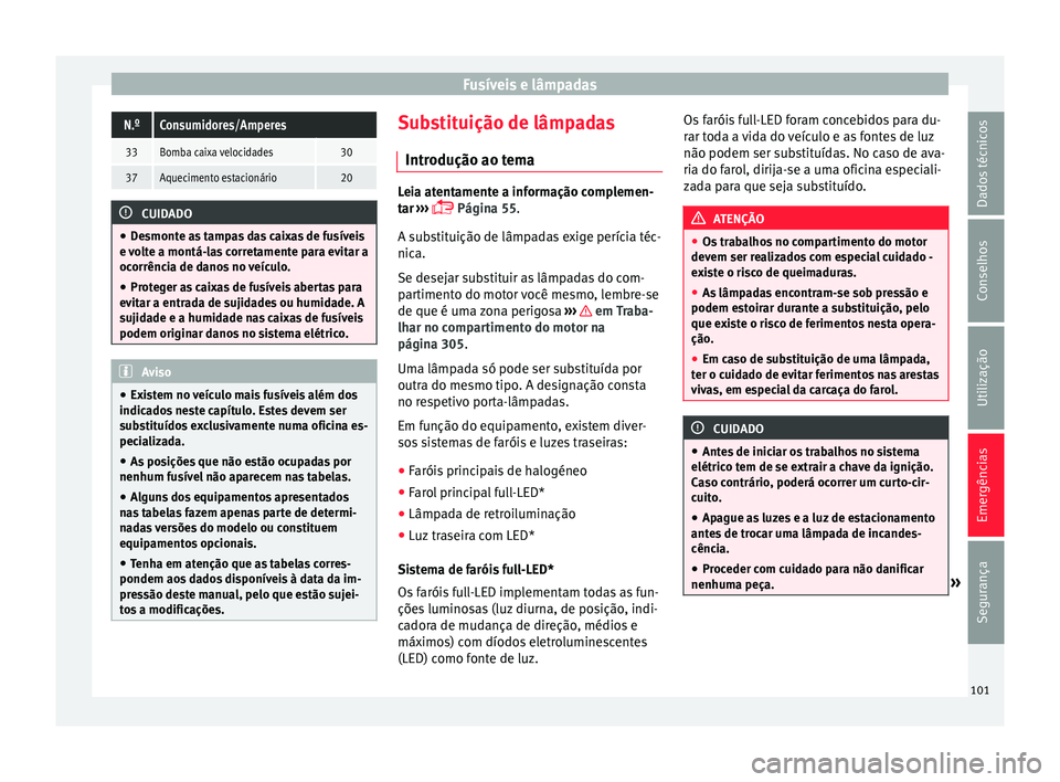 Seat Ateca 2017 Manual do proprietário (in Portuguese) Fusíveis e lâmpadasN.ºConsumidores/Amperes
33Bomba caixa velocidades30
37Aquecimento estacionário20
CUIDADO
● De
smonte as tampas das caixas de fusíveis
e volte a montá-las corretamente para Seat Ateca 2017 Manual do proprietário (in Portuguese) Fusíveis e lâmpadasN.ºConsumidores/Amperes
33Bomba caixa velocidades30
37Aquecimento estacionário20
CUIDADO
● De
smonte as tampas das caixas de fusíveis
e volte a montá-las corretamente para