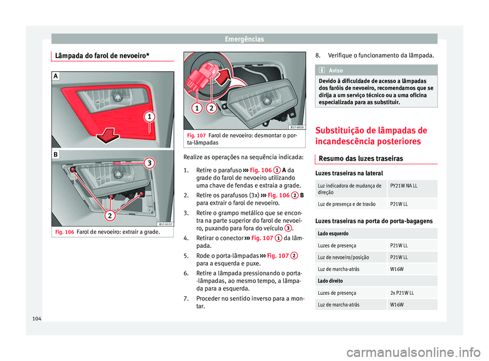 Seat Ateca 2017 Manual do proprietário (in Portuguese) Emergências
Lâmpada do farol de nevoeiro* Fig. 106
Farol de nevoeiro: extrair a grade. Fig. 107
Farol de nevoeiro: desmontar o por-
t a-lâmp
adas Realize as operações na sequência indicada:
Reti Seat Ateca 2017 Manual do proprietário (in Portuguese) Emergências
Lâmpada do farol de nevoeiro* Fig. 106
Farol de nevoeiro: extrair a grade. Fig. 107
Farol de nevoeiro: desmontar o por-
t a-lâmp
adas Realize as operações na sequência indicada:
Reti