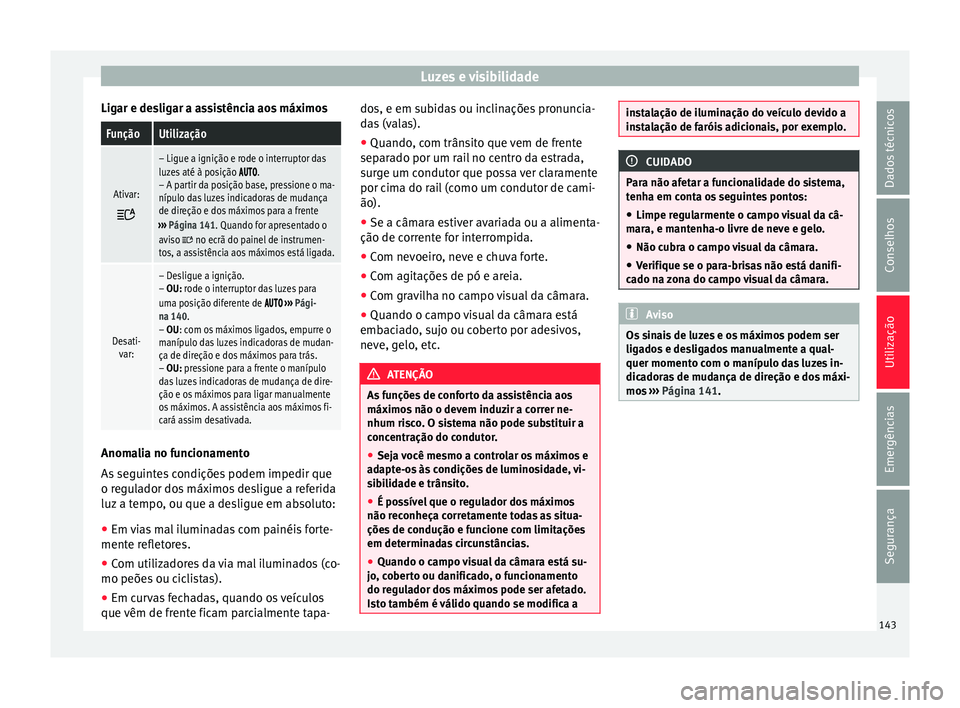 Seat Ateca 2017 Manual do proprietário (in Portuguese) Luzes e visibilidade
Ligar e desligar a assistência aos máximosFunçãoUtilização
Ativar:
– Ligue a ignição e rode o interruptor das
luzes até à posição .
– A partir da p Seat Ateca 2017 Manual do proprietário (in Portuguese) Luzes e visibilidade
Ligar e desligar a assistência aos máximosFunçãoUtilização
Ativar:
– Ligue a ignição e rode o interruptor das
luzes até à posição .
– A partir da p