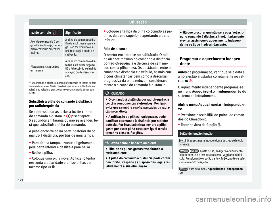 Seat Ateca 2017 Manual do proprietário (in Portuguese) Utilizaçãoluz de controlo
1Significado
Acende-se cerca de 2 se-
gundos em laranja, depois
pisca em verde ou em ver-
melho.A pilha do comando à dis-
tância está quase sem car-
ga. Não foi recebi Seat Ateca 2017 Manual do proprietário (in Portuguese) Utilizaçãoluz de controlo
1Significado
Acende-se cerca de 2 se-
gundos em laranja, depois
pisca em verde ou em ver-
melho.A pilha do comando à dis-
tância está quase sem car-
ga. Não foi recebi