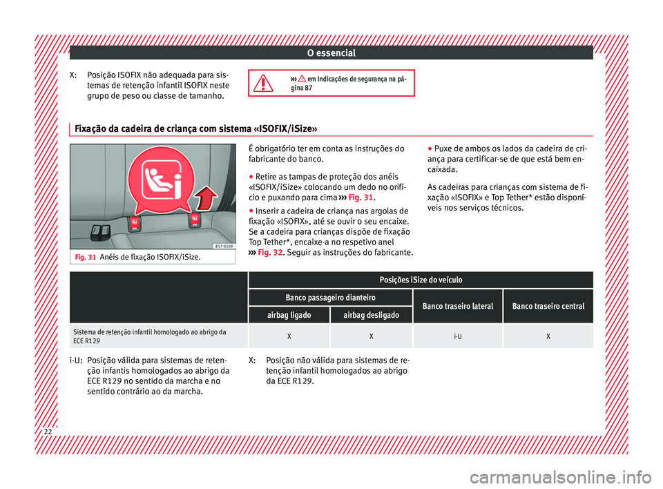 Seat Ateca 2017 Manual do proprietário (in Portuguese) O essencial
Posição ISOFIX não adequada para sis-
t em
as de retenção infantil ISOFIX neste
grupo de peso ou classe de tamanho.
X:
››› em Indicações de segurança na pá-
gina 87 Fixa Seat Ateca 2017 Manual do proprietário (in Portuguese) O essencial
Posição ISOFIX não adequada para sis-
t em
as de retenção infantil ISOFIX neste
grupo de peso ou classe de tamanho.
X:
››› em Indicações de segurança na pá-
gina 87 Fixa