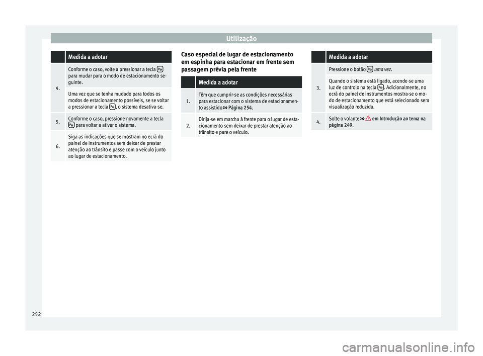 Seat Ateca 2017 Manual do proprietário (in Portuguese) Utilização Medida a adotar
4.
Conforme o caso, volte a pressionar a tecla para mudar para o modo de estacionamento se-
guinte.
Uma vez que se tenha mudado para todos os
modos de estacionamento po Seat Ateca 2017 Manual do proprietário (in Portuguese) Utilização Medida a adotar
4.
Conforme o caso, volte a pressionar a tecla para mudar para o modo de estacionamento se-
guinte.
Uma vez que se tenha mudado para todos os
modos de estacionamento po