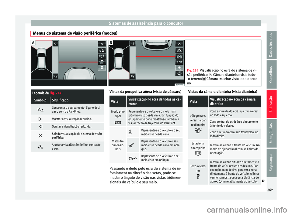 Seat Ateca 2017 Manual do proprietário (in Portuguese) Sistemas de assistência para o condutor
Menus do sistema de visão periférica (modos) Fig. 214
Visualização no ecrã do sistema de vi-
são periféric a:
Câmara dianteira: vista todo-
-o-ter Seat Ateca 2017 Manual do proprietário (in Portuguese) Sistemas de assistência para o condutor
Menus do sistema de visão periférica (modos) Fig. 214
Visualização no ecrã do sistema de vi-
são periféric a:
Câmara dianteira: vista todo-
-o-ter