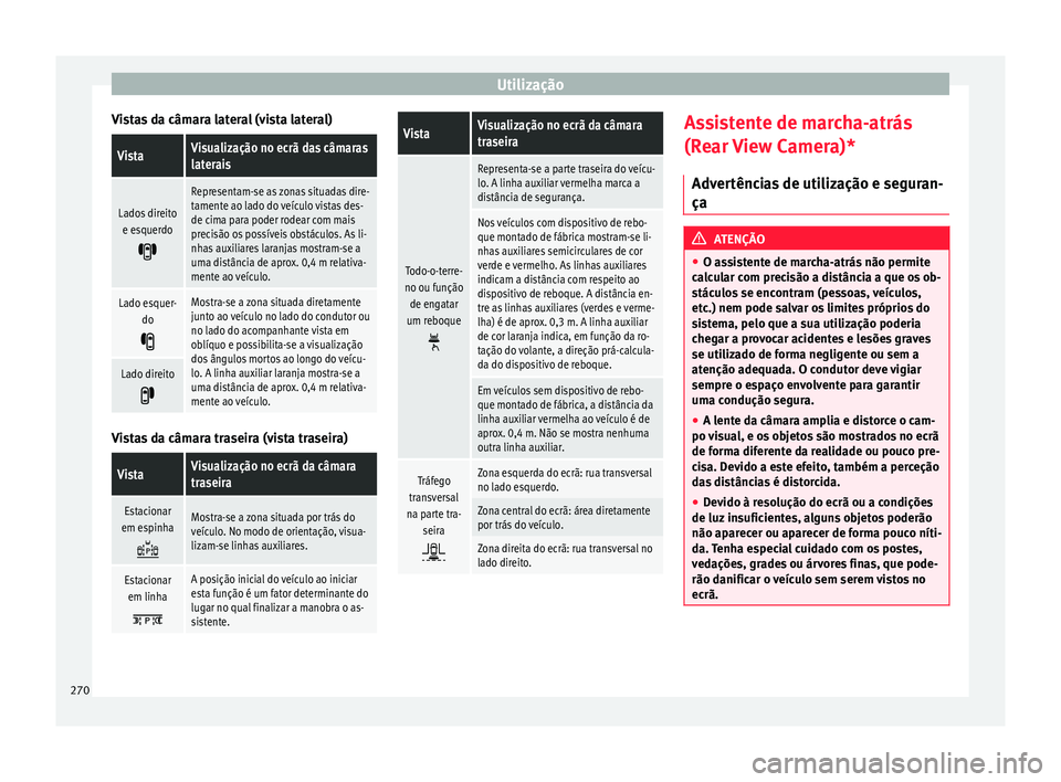 Seat Ateca 2017 Manual do proprietário (in Portuguese) Utilização
Vistas da câmara lateral (vista lateral)VistaVisualização no ecrã das câmaras
laterais
Lados direito e esquerdo
Representam-se as zonas situadas dire-
tamente ao lado do veículo Seat Ateca 2017 Manual do proprietário (in Portuguese) Utilização
Vistas da câmara lateral (vista lateral)VistaVisualização no ecrã das câmaras
laterais
Lados direito e esquerdo
Representam-se as zonas situadas dire-
tamente ao lado do veículo