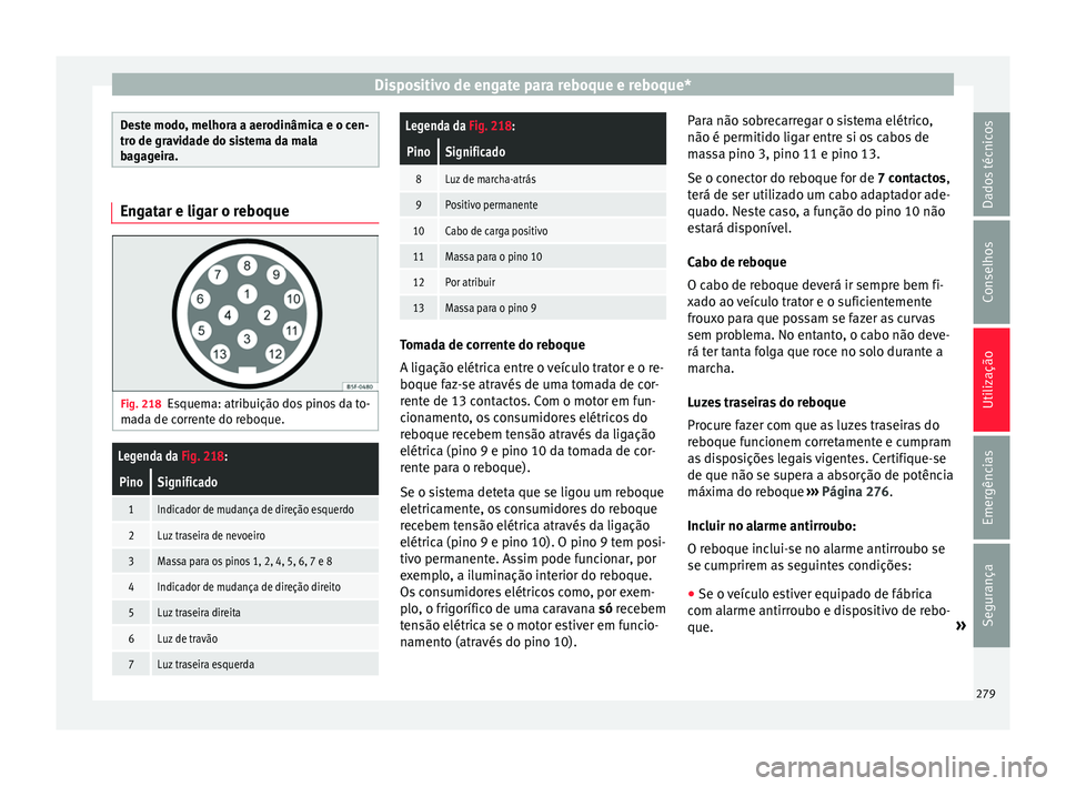 Seat Ateca 2017 Manual do proprietário (in Portuguese) Dispositivo de engate para reboque e reboque*
Deste modo, melhora a aerodinâmica e o cen-
tr
o de gr
avidade do sistema da mala
bagageira. Engatar e ligar o reboque
Fig. 218
Esquema: atribuição dos Seat Ateca 2017 Manual do proprietário (in Portuguese) Dispositivo de engate para reboque e reboque*
Deste modo, melhora a aerodinâmica e o cen-
tr
o de gr
avidade do sistema da mala
bagageira. Engatar e ligar o reboque
Fig. 218
Esquema: atribuição dos