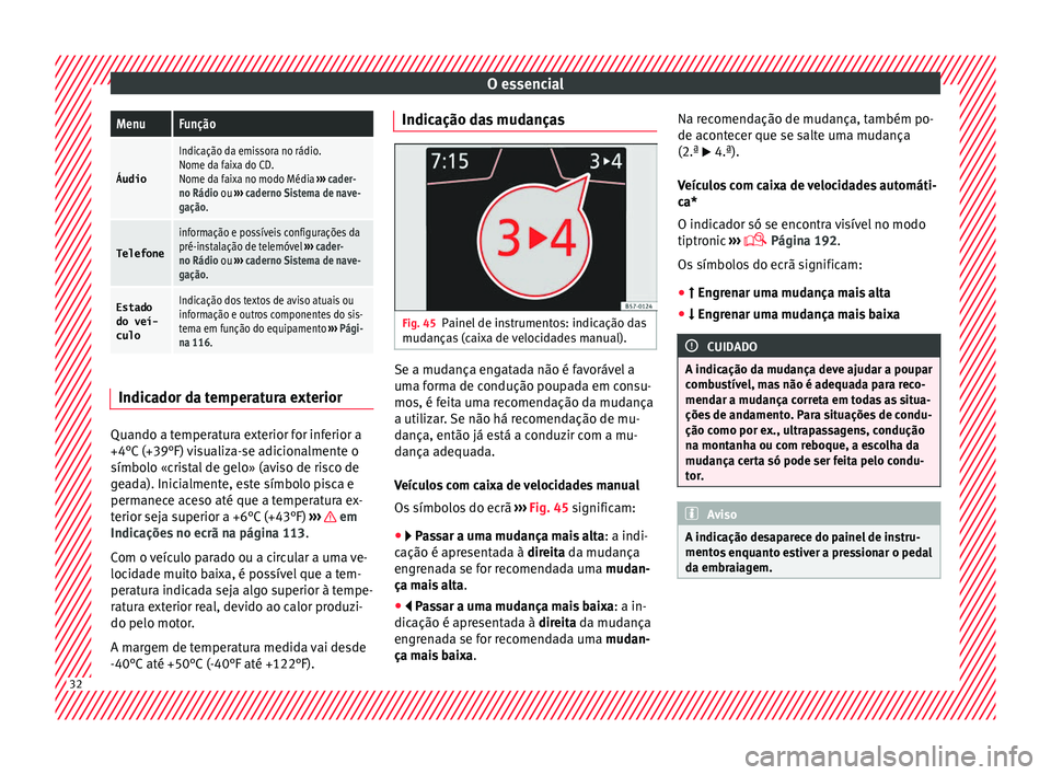 Seat Ateca 2017 Manual do proprietário (in Portuguese) O essencialMenuFunção
Áudio
Indicação da emissora no rádio.
Nome da faixa do CD.
Nome da faixa no modo Média
››› cader-
no Rádio ou ››› caderno Sistema de nave-
gação.
Telefone Seat Ateca 2017 Manual do proprietário (in Portuguese) O essencialMenuFunção
Áudio
Indicação da emissora no rádio.
Nome da faixa do CD.
Nome da faixa no modo Média
››› cader-
no Rádio ou ››› caderno Sistema de nave-
gação.
Telefone