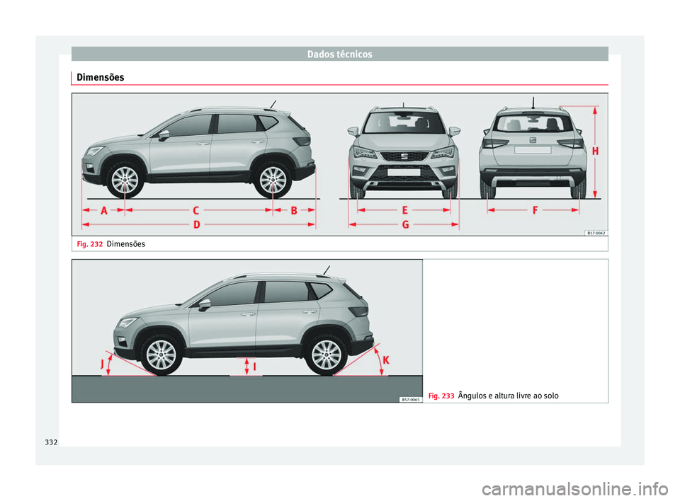 Seat Ateca 2017 Manual do proprietário (in Portuguese) Dados técnicos
Dimensões Fig. 232
Dimensões Fig. 233
Ângulos e altura livre ao solo332 Seat Ateca 2017 Manual do proprietário (in Portuguese) Dados técnicos
Dimensões Fig. 232
Dimensões Fig. 233
Ângulos e altura livre ao solo332