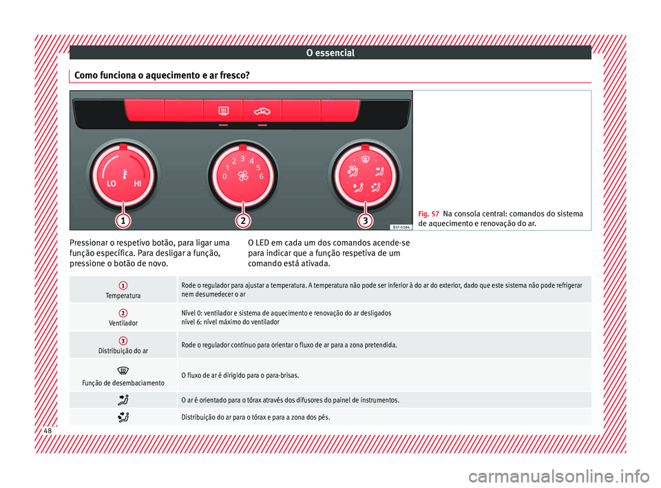 Seat Ateca 2017 Manual do proprietário (in Portuguese) O essencial
Como funciona o aquecimento e ar fresco? Fig. 57
Na consola central: comandos do sistema
de aquec iment
o e renovação do ar. Pressionar o respetivo botão, para ligar uma
f
u
nção esp Seat Ateca 2017 Manual do proprietário (in Portuguese) O essencial
Como funciona o aquecimento e ar fresco? Fig. 57
Na consola central: comandos do sistema
de aquec iment
o e renovação do ar. Pressionar o respetivo botão, para ligar uma
f
u
nção esp