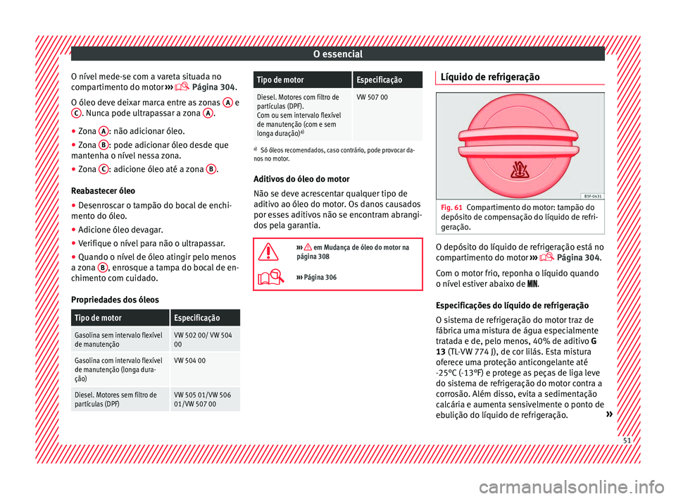 Seat Ateca 2017 Manual do proprietário (in Portuguese) O essencial
O nível mede-se com a vareta situada no
c omp
artimento do motor ›››
Página 304.
O óleo deve deixar marca entre as zonas A e
C . Nunca pode ultrapassar a zona
A .
● Zon Seat Ateca 2017 Manual do proprietário (in Portuguese) O essencial
O nível mede-se com a vareta situada no
c omp
artimento do motor ›››
Página 304.
O óleo deve deixar marca entre as zonas A e
C . Nunca pode ultrapassar a zona
A .
● Zon