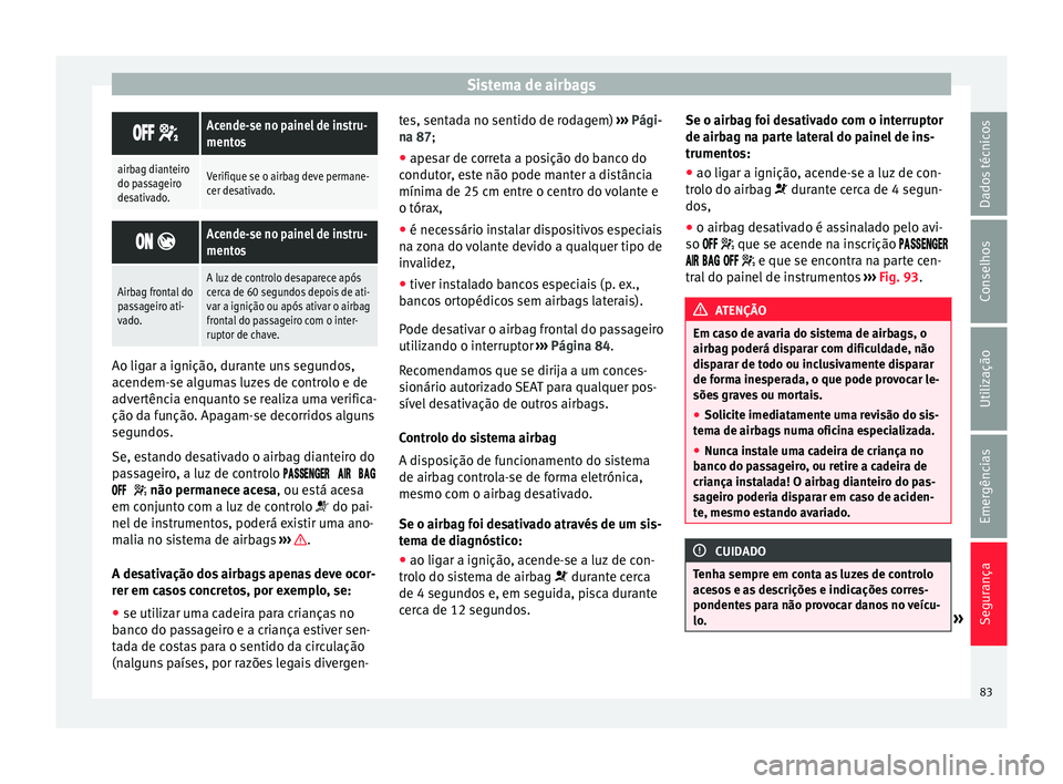 Seat Ateca 2017 Manual do proprietário (in Portuguese) Sistema de airbags
Acende-se no painel de instru-
mentos
airbag dianteiro
do passageiro
desativado.Verifique se o airbag deve permane-
cer desativado.
Acende-se no painel de in Seat Ateca 2017 Manual do proprietário (in Portuguese) Sistema de airbags
Acende-se no painel de instru-
mentos
airbag dianteiro
do passageiro
desativado.Verifique se o airbag deve permane-
cer desativado.
Acende-se no painel de in