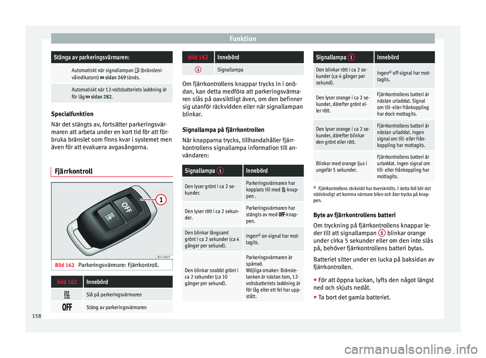 Seat Ateca 2017 Ägarmanual (in Swedish) FunktionStänga av parkeringsvärmaren:
Automatiskt när signallampan (bränsleni-
våindikatorn) ››› sidan 269 tänds.
Automatiskt när 12-voltsbatteriets laddning är
för låg ›› Seat Ateca 2017 Ägarmanual (in Swedish) FunktionStänga av parkeringsvärmaren:
Automatiskt när signallampan (bränsleni-
våindikatorn) ››› sidan 269 tänds.
Automatiskt när 12-voltsbatteriets laddning är
för låg ››