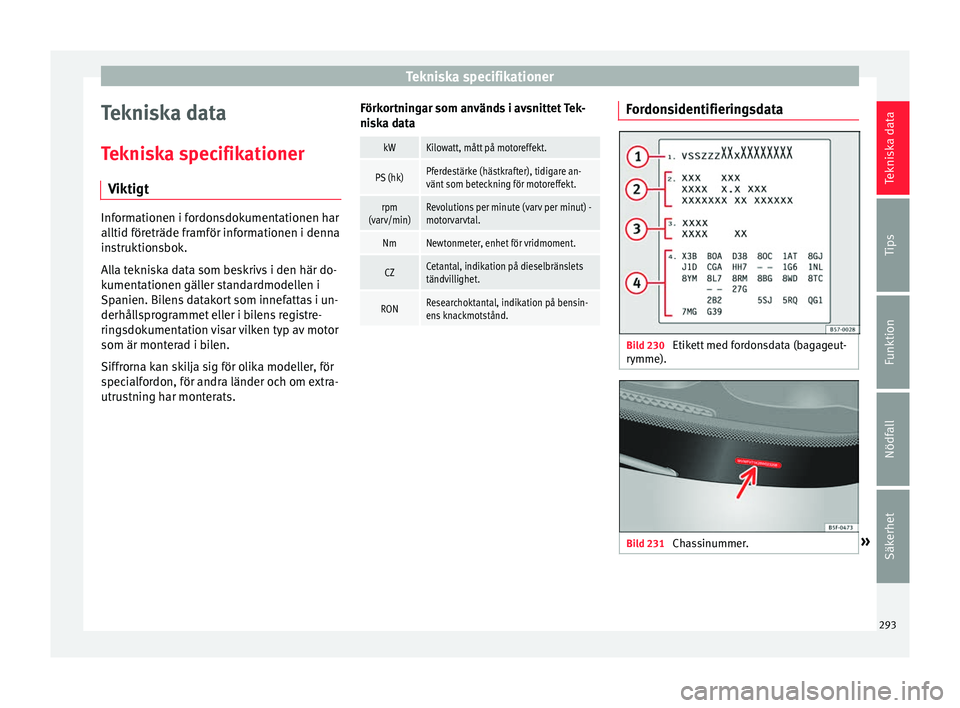 Seat Ateca 2017 Ägarmanual (in Swedish) Tekniska specifikationer
Tekniska data
T ekni
ska s
pecifikationer
Viktigt Informationen i fordonsdokumentationen har
alltid företräde fr
amför inf
ormationen i denna
instruktionsbok.
Alla teknisk Seat Ateca 2017 Ägarmanual (in Swedish) Tekniska specifikationer
Tekniska data
T ekni
ska s
pecifikationer
Viktigt Informationen i fordonsdokumentationen har
alltid företräde fr
amför inf
ormationen i denna
instruktionsbok.
Alla teknisk