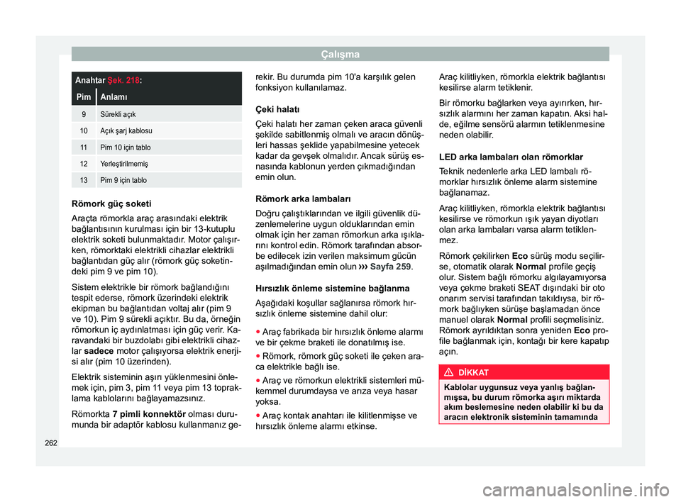 Seat Ateca 2017  Kullanım Kılavuzu (in Turkish) ÇalışmaAnahtar Şek. 218:
PimAnlamı
9Sürekli açık
10Açık şarj kablosu
11Pim 10 için tablo
12Yerleştirilmemiş
13Pim 9 için tablo
Römork güç soketi
Araçta römorkla araç arasındaki e