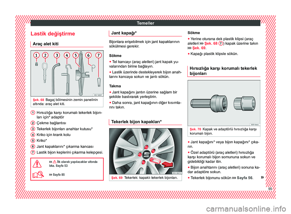 Seat Ateca 2017 Kullanım Kılavuzu (in Turkish) Temeller
Lastik değiştirme Araç alet kiti Şek. 68
Bagaj bölmesinin zemin panelinin
altında: araç alet kiti. Hırsızlığa karşı korumalı tekerlek bijon-
ları için*
adaptör
Çekme bağl Seat Ateca 2017 Kullanım Kılavuzu (in Turkish) Temeller
Lastik değiştirme Araç alet kiti Şek. 68
Bagaj bölmesinin zemin panelinin
altında: araç alet kiti. Hırsızlığa karşı korumalı tekerlek bijon-
ları için*
adaptör
Çekme bağl