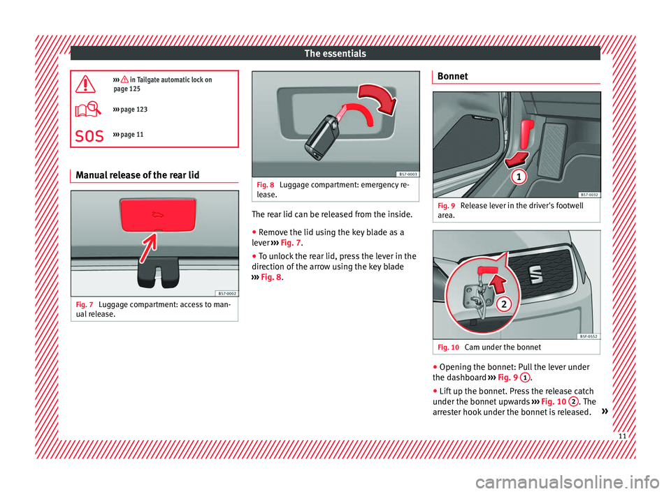 Seat Ateca 2016 Owners Manual The essentials
››› in Tailgate automatic lock on
page 125
››› page 123
››› page 11 Manual release of the rear lid
Fig. 7
Luggage compartment: access to man-
ual r
eleas Seat Ateca 2016 Owners Manual The essentials
››› in Tailgate automatic lock on
page 125
››› page 123
››› page 11 Manual release of the rear lid
Fig. 7
Luggage compartment: access to man-
ual r
eleas