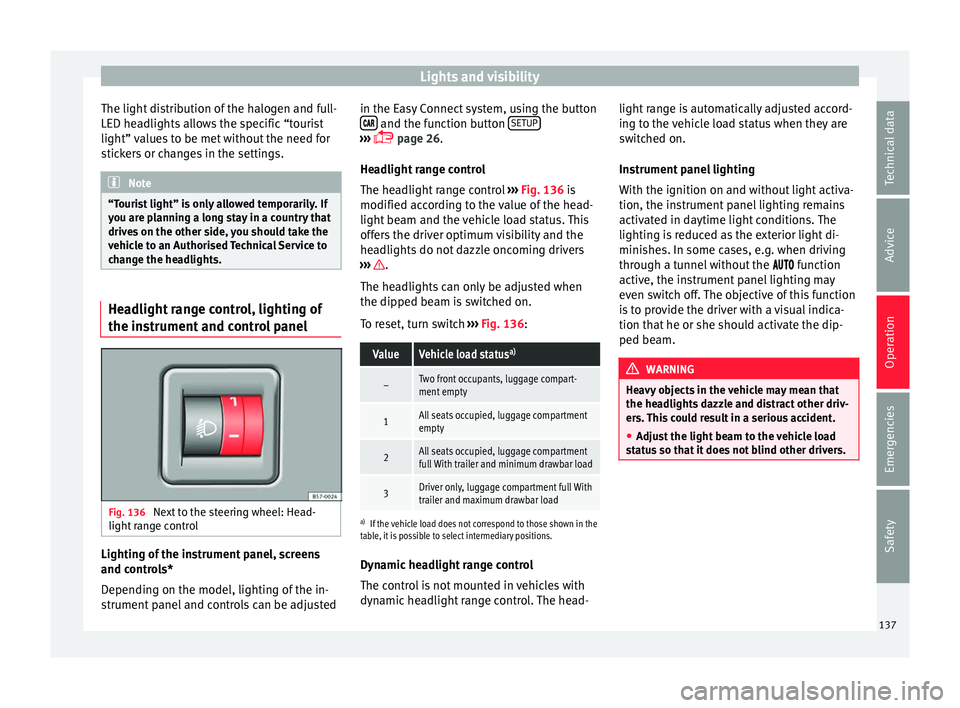Seat Ateca 2016 Owners Guide Lights and visibility
The light distribution of the halogen and full-
LED he a
dlights allows the specific “tourist
light” values to be met without the need for
stickers or changes in the settings Seat Ateca 2016 Owners Guide Lights and visibility
The light distribution of the halogen and full-
LED he a
dlights allows the specific “tourist
light” values to be met without the need for
stickers or changes in the settings