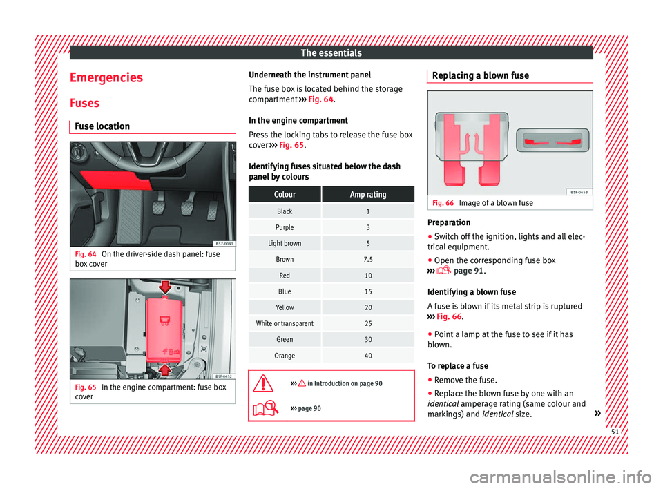 Seat Ateca 2016  Owners Manual The essentials
Emergencies F u
ses
Fuse location Fig. 64 
On the driver-side dash panel: fuse
bo x

 cover Fig. 65 
In the engine compartment: fuse box
c o

ver Underneath the instrument panel
The f
u