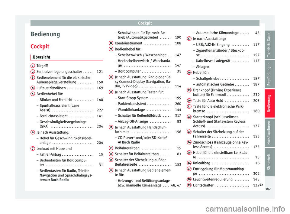 Seat Ateca 2016  Betriebsanleitung (in German) Cockpit
Bedienung
C oc
kpit
Übersicht Türgriff
Z
entr

alverriegelungsschalter  . . . . . .121
Bedienelement für die elektrische
Außens
 piegelverstellung  . . . . . . . . .150
Luftaustrittsdüsen