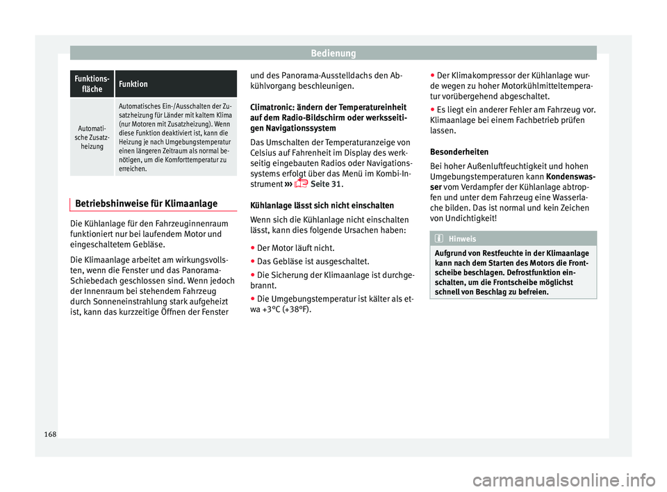 Seat Ateca 2016  Betriebsanleitung (in German) BedienungFunktions-
flächeFunktion
Automati-
sche Zusatz- heizung
Automatisches Ein-/Ausschalten der Zu-
satzheizung für Länder mit kaltem Klima
(nur Motoren mit Zusatzheizung). Wenn
diese Funktion