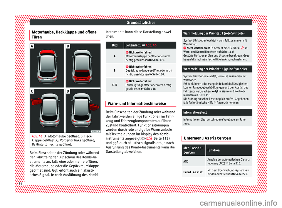 Seat Ateca 2016  Betriebsanleitung (in German) Grundsätzliches
Motorhaube, Heckklappe und offene
Tür en Abb. 46 
A: Motorhaube geöffnet; B: Heck-
k l
appe geöffnet; C: Vordertür links geöffnet;
D: Hintertür rechts geöffnet. Beim Einschalte