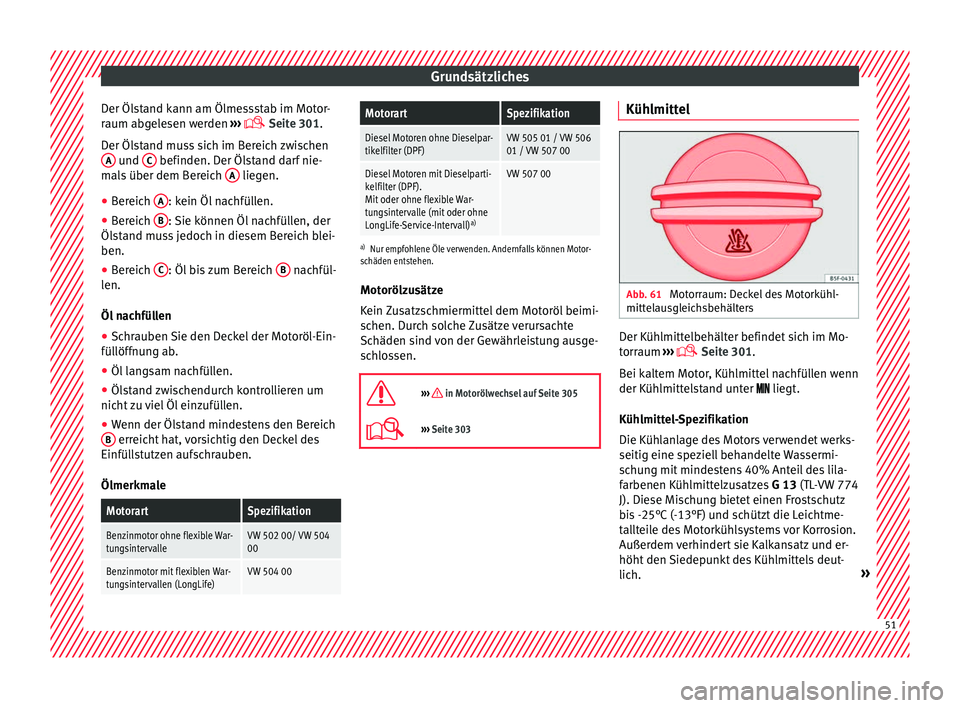 Seat Ateca 2016  Betriebsanleitung (in German) Grundsätzliches
Der Ölstand kann am Ölmessstab im Motor-
r aum ab
gelesen werden  ››› 
 Seite 301.
Der Ölstand muss sich im Bereich zwischen A  und 
C  befinden. Der Ölstand darf nie-
m 