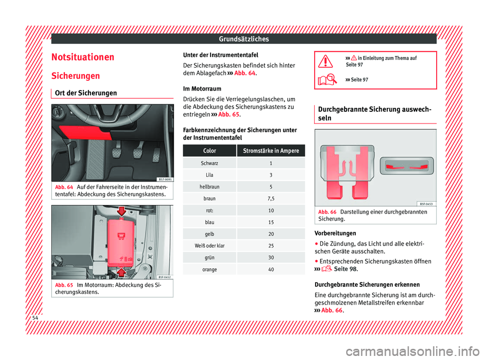 Seat Ateca 2016 Betriebsanleitung (in German) Grundsätzliches
Notsituationen Sic heru
ngen
Ort der Sicherungen Abb. 64
Auf der Fahrerseite in der Instrumen-
t ent
afel: Abdeckung des Sicherungskastens. Abb. 65
Im Motorraum: Abdeckung des Si-
Seat Ateca 2016 Betriebsanleitung (in German) Grundsätzliches
Notsituationen Sic heru
ngen
Ort der Sicherungen Abb. 64
Auf der Fahrerseite in der Instrumen-
t ent
afel: Abdeckung des Sicherungskastens. Abb. 65
Im Motorraum: Abdeckung des Si-