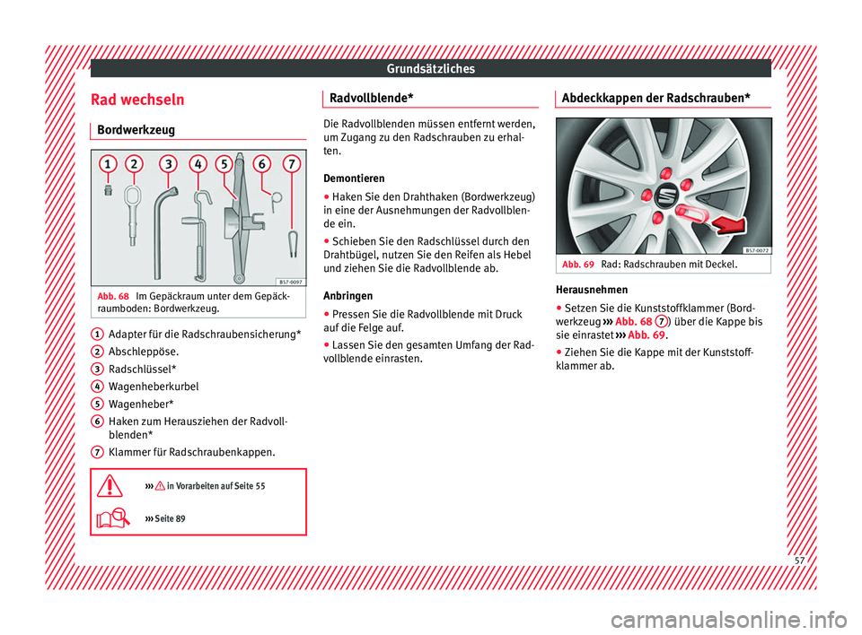 Seat Ateca 2016 Betriebsanleitung (in German) Grundsätzliches
Rad wechseln Bor dw
erkzeug Abb. 68
Im Gepäckraum unter dem Gepäck-
r aumboden: Bor
dwerkzeug. Adapter für die Radschraubensicherung*
Ab
s
chleppöse.
Radschlüssel*
Wagenheberk Seat Ateca 2016 Betriebsanleitung (in German) Grundsätzliches
Rad wechseln Bor dw
erkzeug Abb. 68
Im Gepäckraum unter dem Gepäck-
r aumboden: Bor
dwerkzeug. Adapter für die Radschraubensicherung*
Ab
s
chleppöse.
Radschlüssel*
Wagenheberk