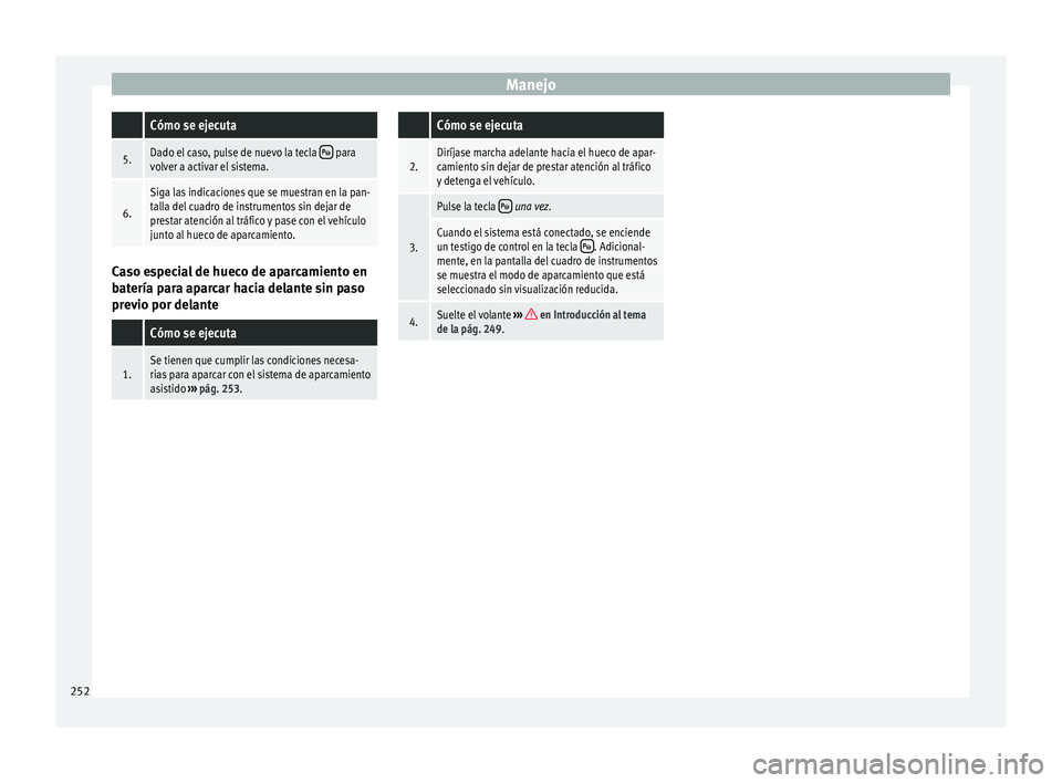 Seat Ateca 2016 Manual del propietario (in Spanish) Manejo Cómo se ejecuta
5.Dado el caso, pulse de nuevo la tecla para
volver a activar el sistema.
6.
Siga las indicaciones que se muestran en la pan-
talla del cuadro de instrumentos sin dejar de
Seat Ateca 2016 Manual del propietario (in Spanish) Manejo Cómo se ejecuta
5.Dado el caso, pulse de nuevo la tecla para
volver a activar el sistema.
6.
Siga las indicaciones que se muestran en la pan-
talla del cuadro de instrumentos sin dejar de